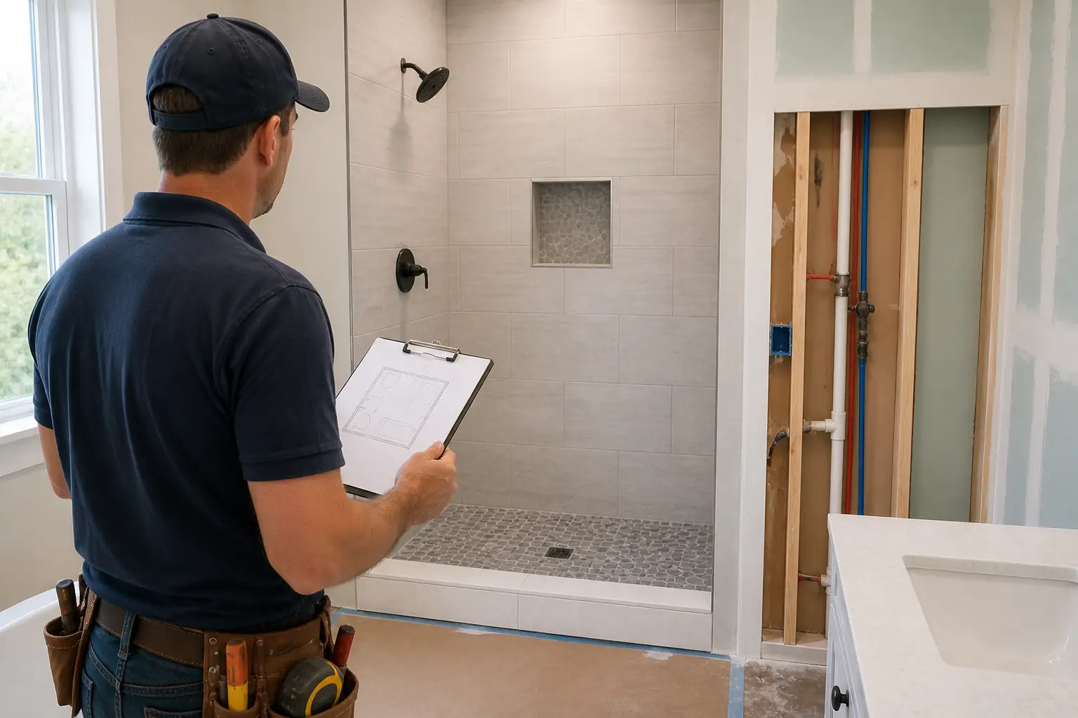 Contractor in a navy cap and polo with a tool belt studies bathroom plans beside a tiled shower under renovation in a partial remodel.