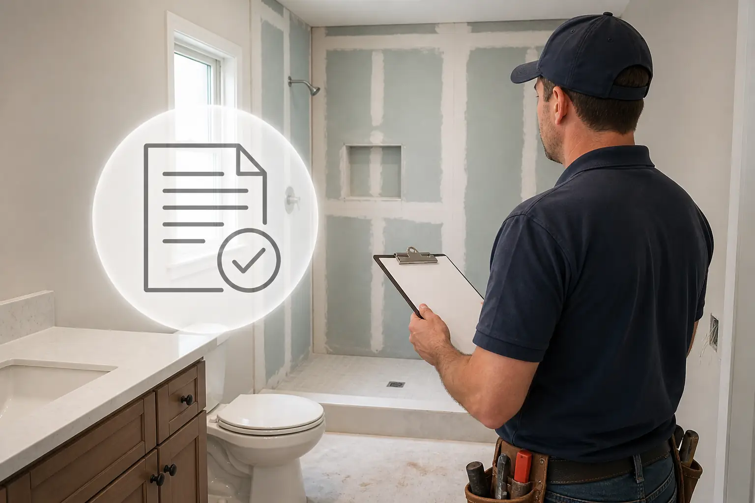 Contractor in a navy shirt with a tool belt stands in a partly finished bathroom, checking a clipboard.
